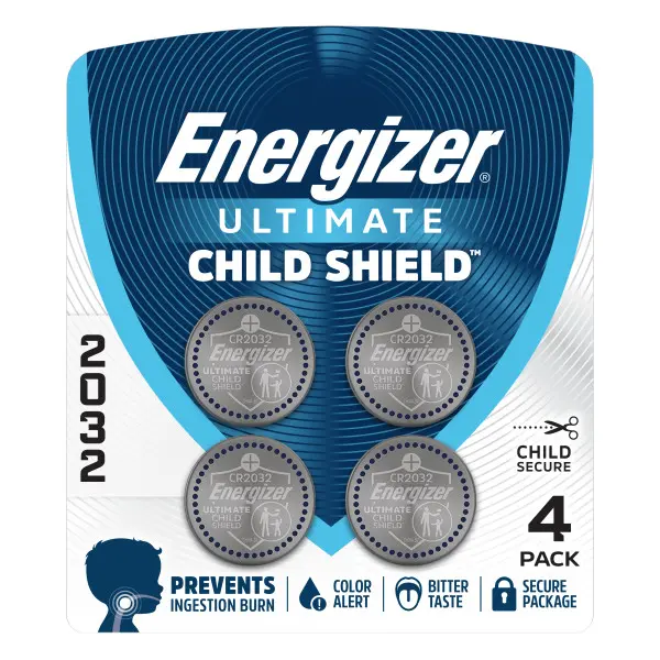 Energizer Ultimate Child Shield CR2032 Batteries (4 Pack), 3V Lithium Coin Batteries, Compatible with Apple AirTag and Tile Pro Devices, Key Fobs, Watches and More