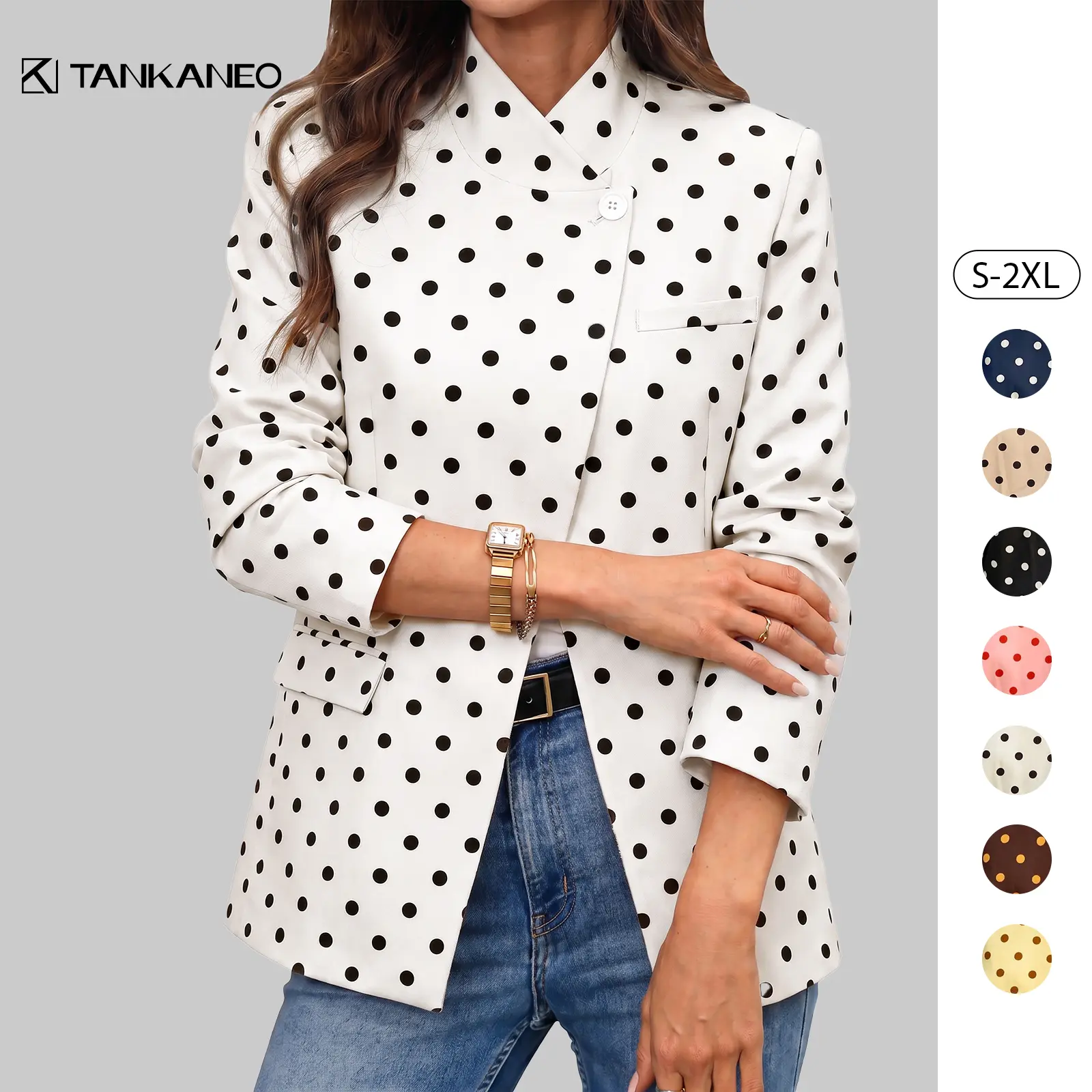 Tankaneo Women's Polka Dot Button Blazer Outerwear, Trendy Casual Long-Sleeve Open-Front Lightweight Coat for Business Work,clothes for back to school,first day of school outfits