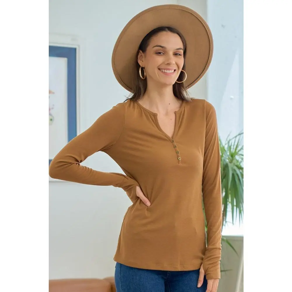 Women's Camel Button-Front Long-Sleeve Fitted V-Neck Casual Blouse