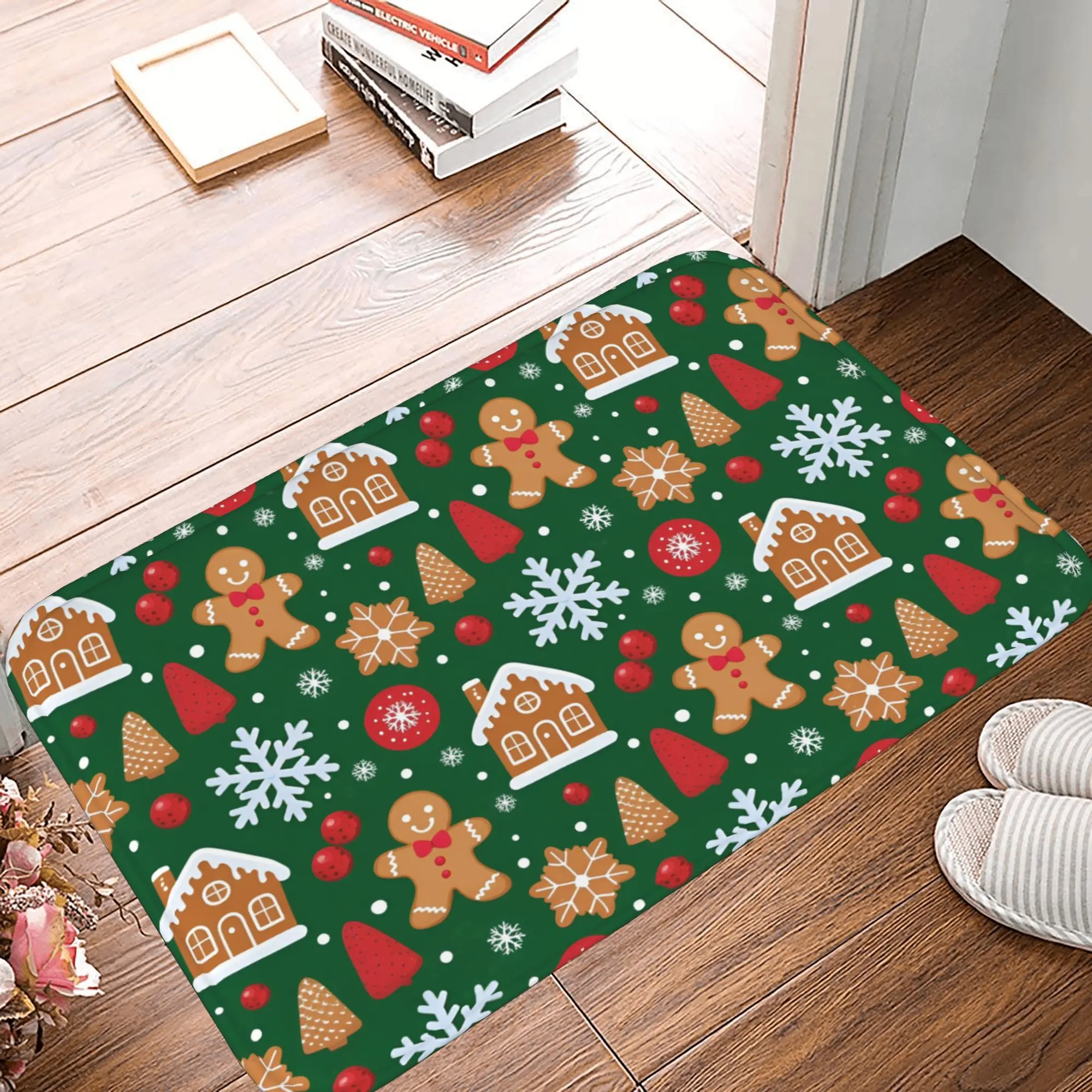 Christmas Gingerbread Themed Flannel Doormat, Snowflake & Xmas Tree Print, Low Pile, Super Absorbent, Non-Slip, Machine Washable, Indoor Front Entry/Kitchen/Bathroom Winter Holiday Home Decor