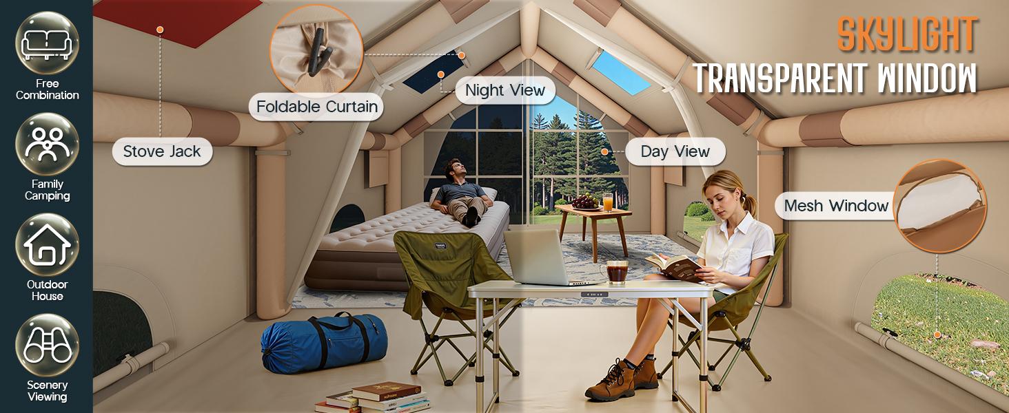 AMERLIFE Inflatable Tent for Camping, Large Blow Up Tent with Easy Setup Pump, Skylight, Stove Jack, Doors, Waterproof Oxford Outdoor Cabin, Ideal for Family, Emergency Shelter, Glamping