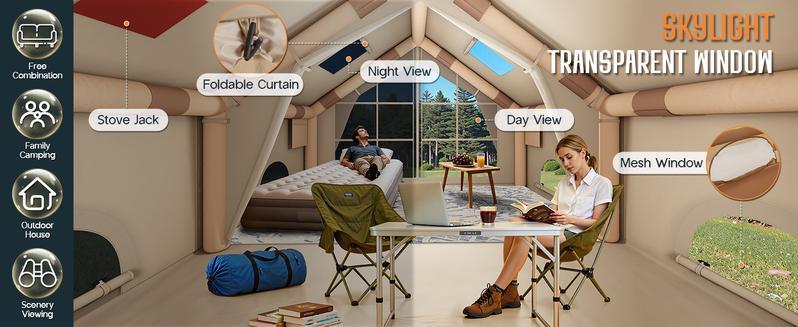 AMERLIFE Inflatable Tent for Camping, Large Blow Up Tent with Easy Setup Pump, Skylight, Stove Jack, Doors, Waterproof Oxford Outdoor Cabin, Ideal for Family, Emergency Shelter, Glamping