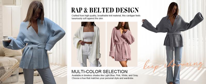 utcoco Womens Oversized Knit Cardigan Belted Wrap Sweater Long Sleeve Loose Fit Open Front Coat for Fall & Winter