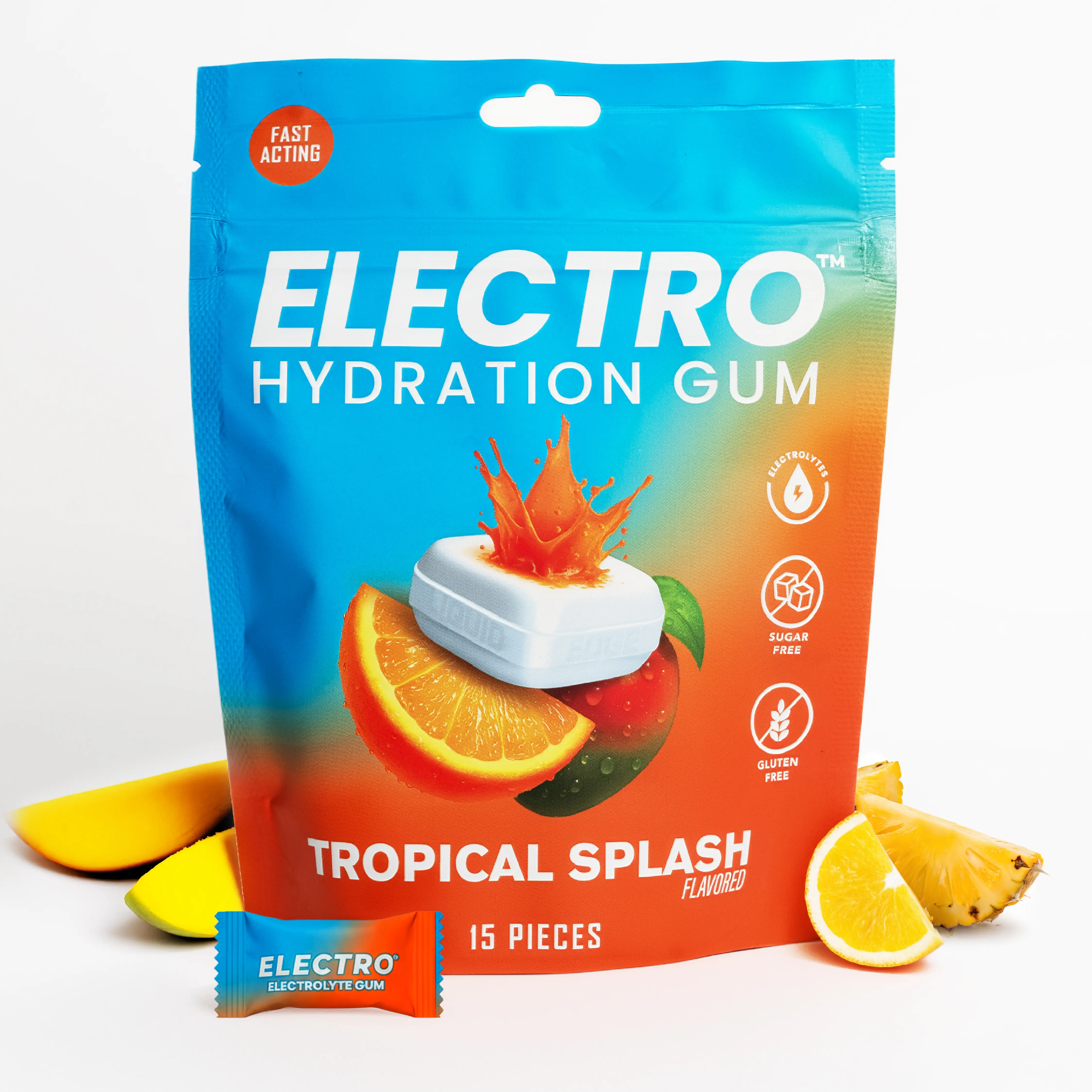 ELECTRO Hydration Chewing Gum - Sugar-Free Electrolyte Gum, Fast-Acting Liquid Core, 0 Calorie, Gluten-Free, Sodium Potassium Magnesium, Tropical Splash Flavor, Fast Hydration for Gym, Sports, 30 or 60 Pieces, Zero Calorie