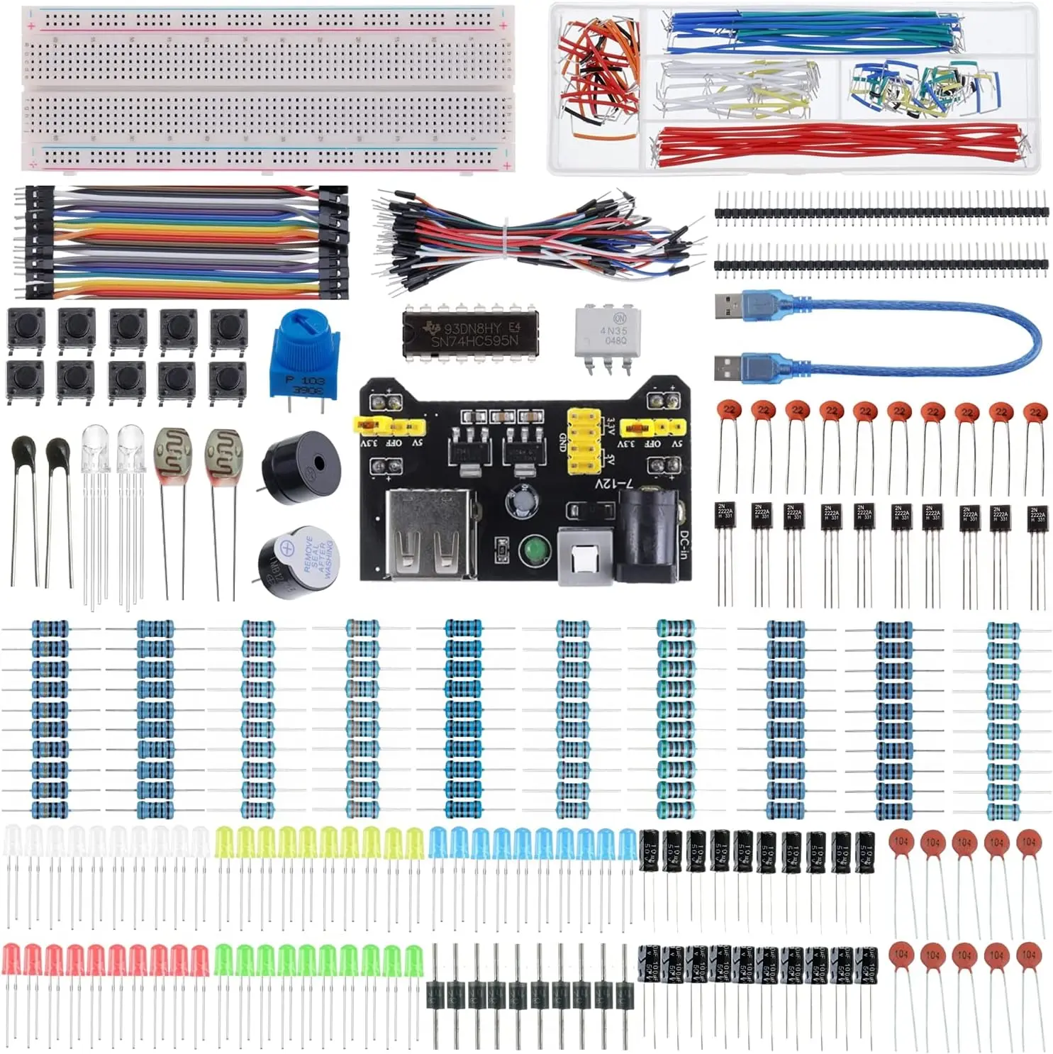 480-Count 37-Value Convenient No-Solder Electronics Component Kit with Power Module, Jumper Wires, Precision Potentiometer, 830-Tie-Points Breadboard - Easy Component Access, Compatible with Arduino, Raspberry Pi, Convenient Without Soldering