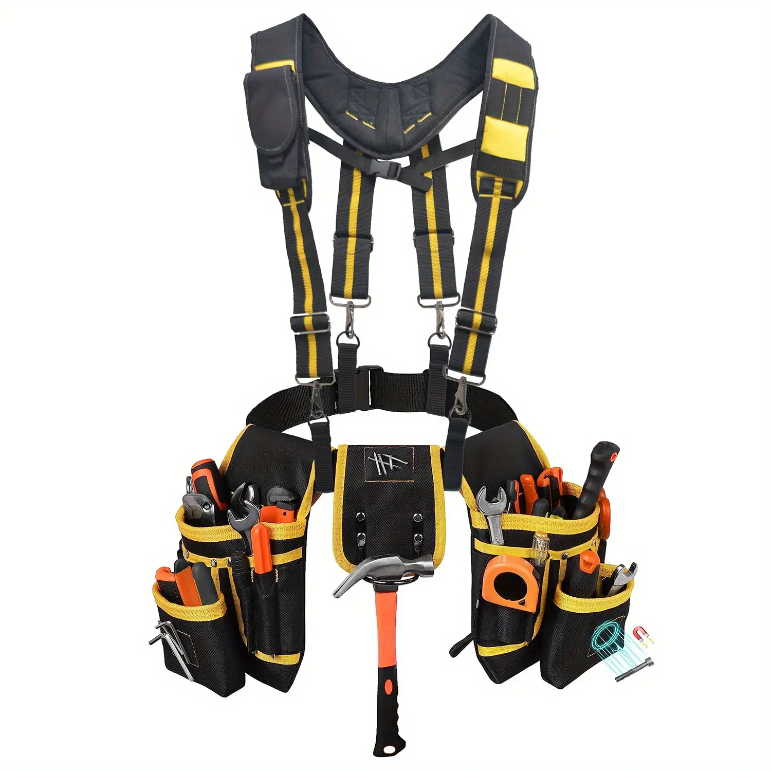 Heavy Duty Tool Belt Organizer with Suspenders & Adjustable Straps - 26 Magnetic Convenient Tool Pockets, Detachable Pouches for Electricians - Father's Day Gift Home Organizer Storage Bag for Construction Wood Work, Detachable Tool Pouches
