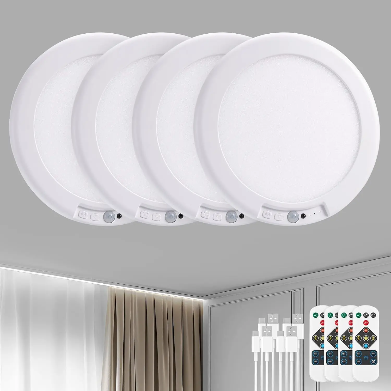 4 Pack Rechargeable Motion Sensor Ceiling Light with Remote Wireless Magnetic LED Lights, Battery Operated Stick On Ceiling Shower Lights Renter Friendly for Closet Bedroom Hallway