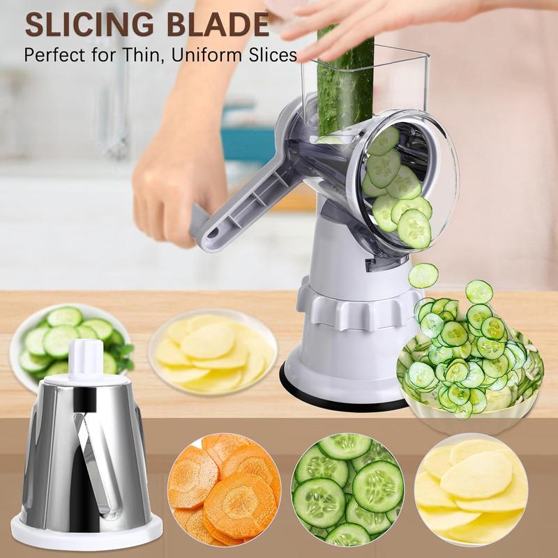 Rotary Cheese Grater Hand Crank Vegetable Slicer with 3 Stainless Steel Blades for Fruit Vegetables Nuts White Kitchen Tool Safe Easy Clean