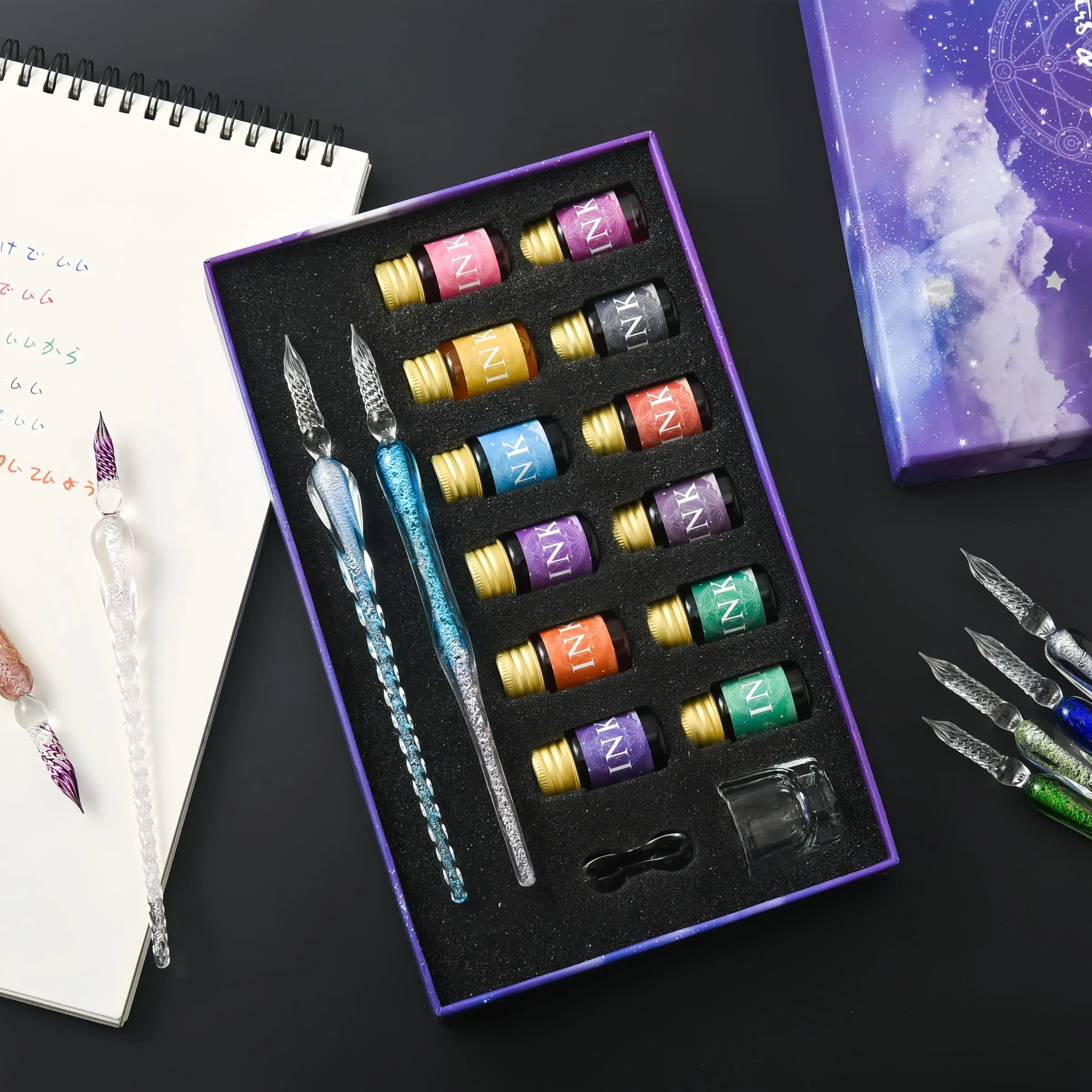 Glass Dip Pen Set with Ink and Gift Box, Elegant Student Art Supplies, Office School Supplies, Aesthetic Pens, Writing Pens, Writing Tools, 3 Glass Pens for School and Stationery, Ideal Gift for Writers and Calligraphy Lovers