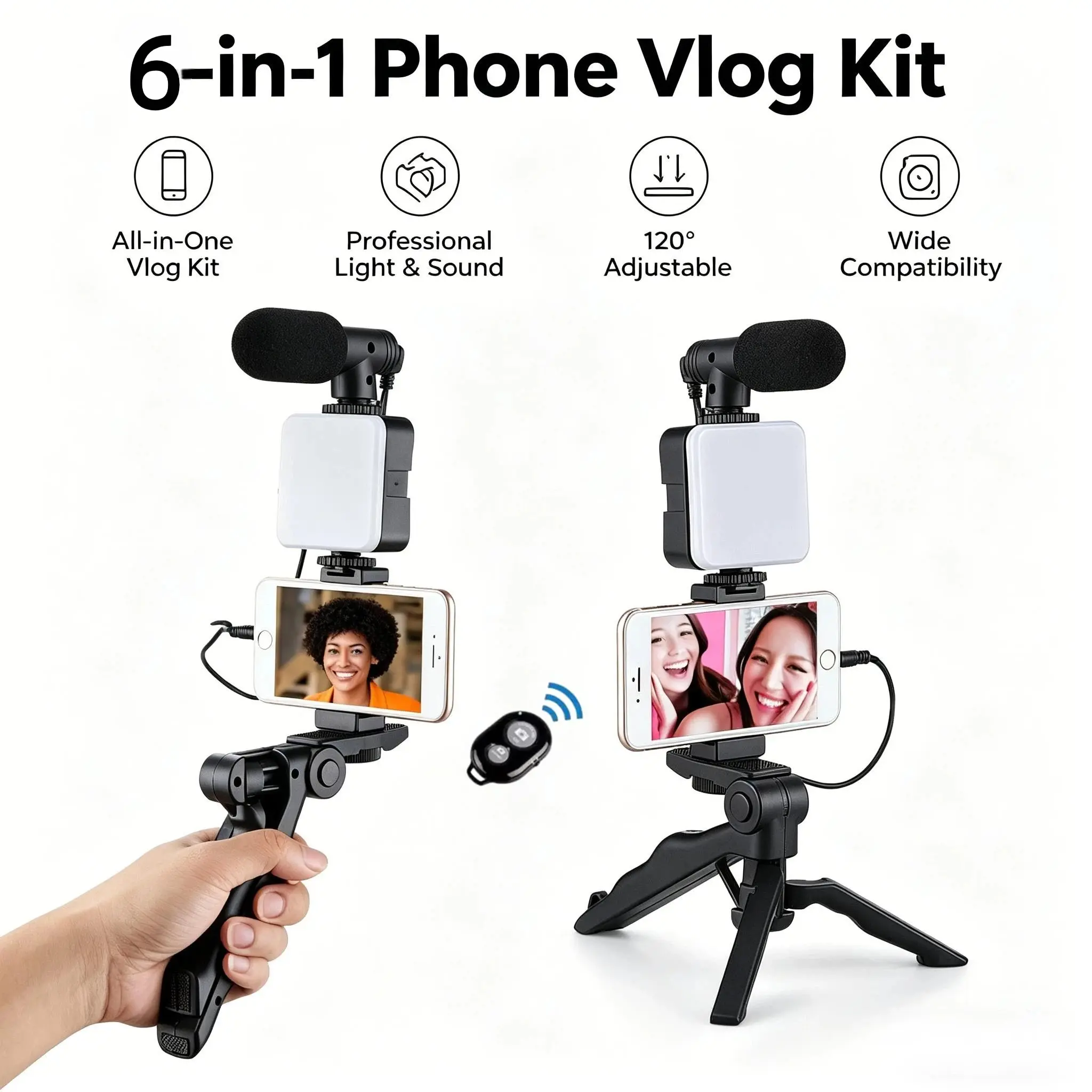6-in-1 Phone Vlogging Kit, Phone Selfie Tripod, Handheld & Desktop Tripod Phone Mount with Noise Reduction Microphone, LED Fill Light & Bluetooth Remote, Phone Video Recording Equipment, Video Recording Gear for Live Streaming, YouTube Vlogging