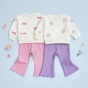 Global Baby Bow Baby Girls' Set Girls' Fashion Top  Version Girls Sweater Set Fashion Baby Girl Knitted Round Neck  3D Flower Sweatshirt + Flare Pants Set Toddler Clothes