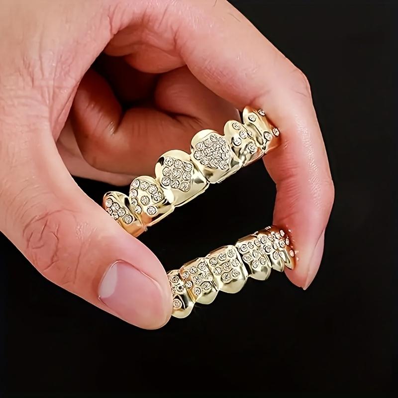 2Pcs Poker Teeth Grillz with Sparkling Cubic Zirconia Stones - Hip Hop Rapper Costume Cosmetic Jewelry, Perfect for Halloween, Parties & Gifts, Copper Material, No Power Needed, Halloween Accessory | Gothic Style Grillz | Copper Base Jewelry