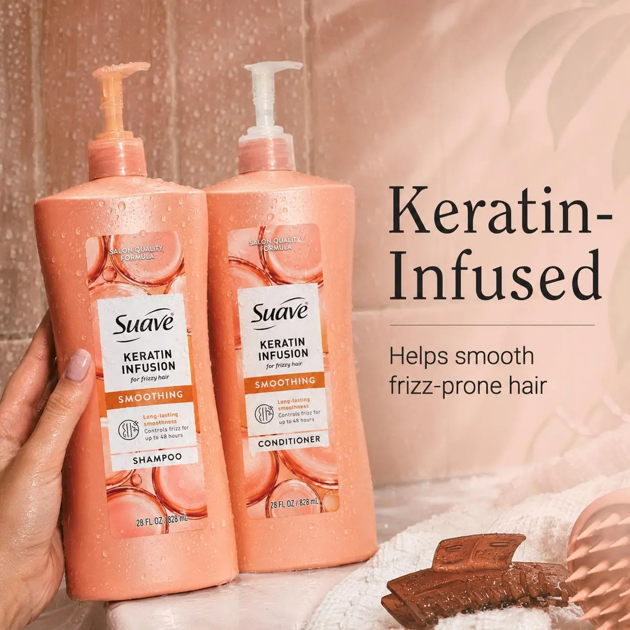 Suave Keratin Infusion Smoothing Shampoo & Conditioner Set, 28 oz Pump Bottles, Frizz Control Hair Care Duo for Smooth Manageable Hair