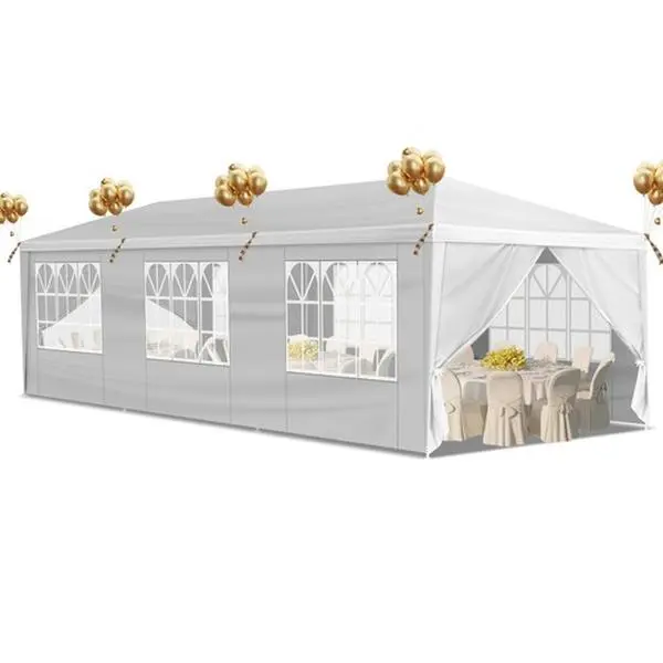 10x30 ft Outdoor Shade Shelter, Chic White PE Patio Canopy Gazebo with 8 Removable Sidewalls, Strong Stable Frame, Waterproof Cloth Cover for Weddings, Sporting Events, Flea Markets, Holds Up to 50 People