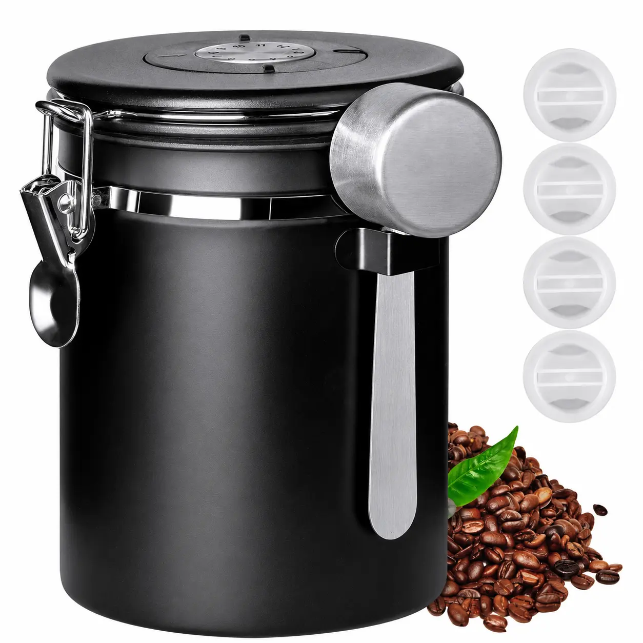 Stainless Steel Airtight Resealable Tea & Coffee Storage Canister Set - 22oz Kitchen Food Storage Containers, Silicone Double Ring Seal, 4 Replacement Valves, 30ml Scoop, Ideal Gift for Coffee Lovers (Holidays, Birthdays)