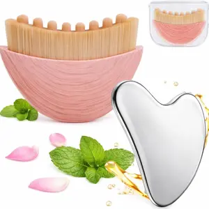 Pink Lymphatic Contour Brushes with Stainless Steel Gua Sha Tool - 1 Pcs Lymphatic Face Brush with Gua Sha Tool for Sculpting | Gua Sha Brush | Facial Brush for Lymphatic Drainage Brush