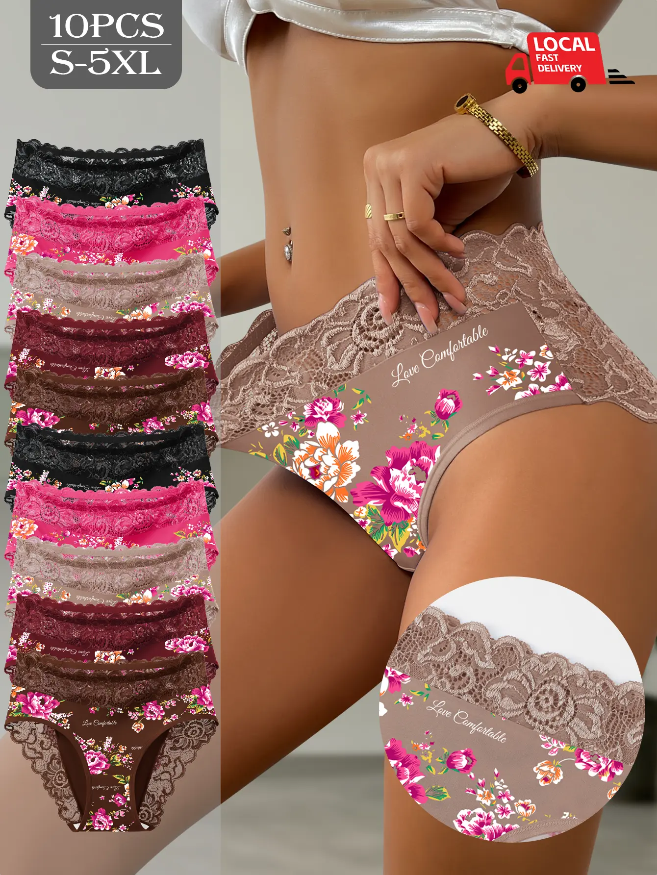 QUASTI Women's 5/8/10-Pack Mid-Waist Floral Print Lace Brief Panties, Seamless Lightweight Stretchy Fabric, Regular & Plus Size S-5XL