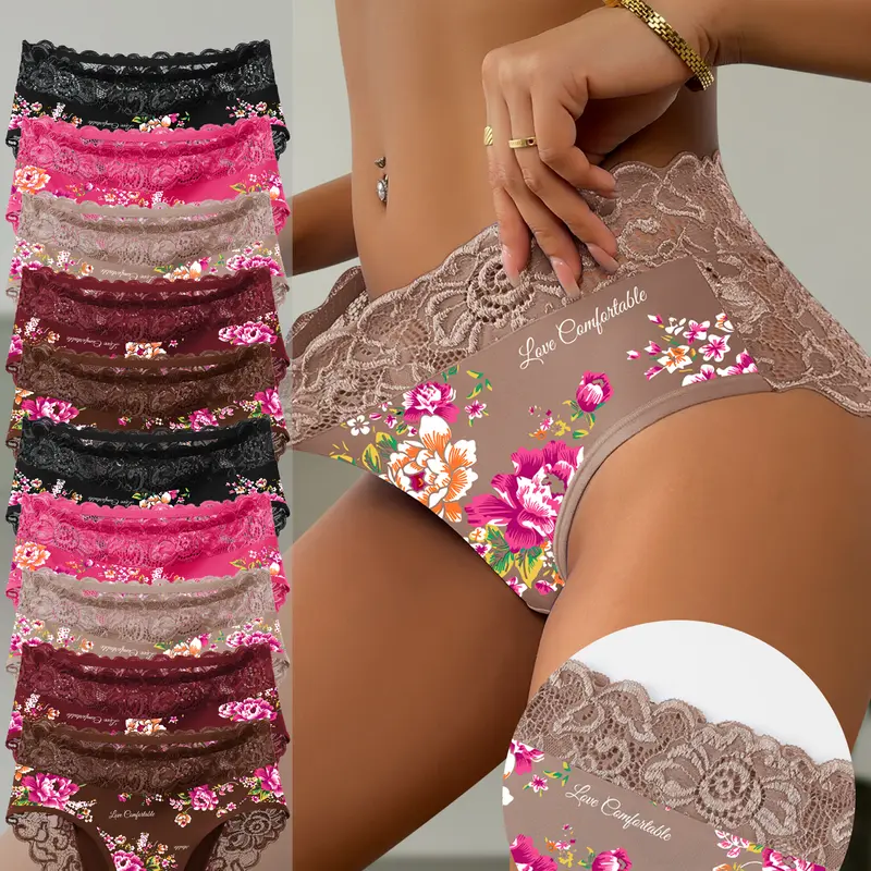QUASTI Women's 4/5/8/10-Pack Mid-Waist Floral Print Lace Brief Panties, Seamless Lightweight Stretchy Fabric, Regular & Plus Size S-5XL