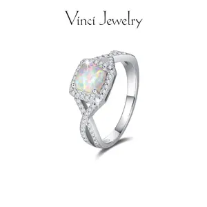 925 Synthetic Opal Ring with CZ Accent Design, Elegant Square Opalite Ring Jewelry for Women, Perfect Gift for Girls, Engagement Wedding Ring, for Daily Wear and Party