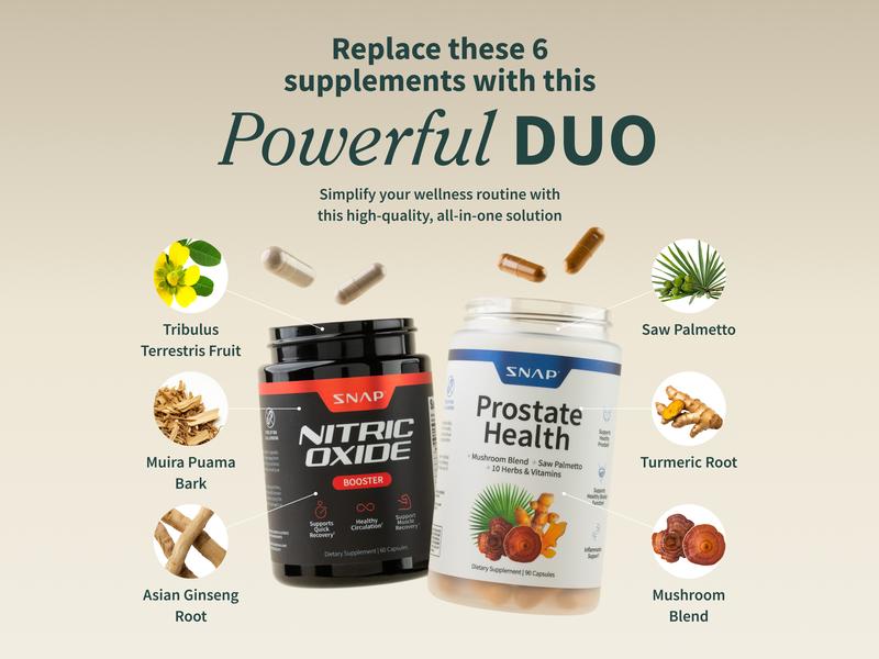 Ultimate Men's Health Bundle - Snap Supplements - Nitric Oxide Booster 60ct + Prostate Health Bundle - Natural Supplement Capsules - Support Blood Circulation & Prostate Health Ultimate Men's Health Bundle - Snap Supplements - Nitric Oxide Booster 60ct + Prostate Health Bundle - Natural Supplement Capsules - Support Blood Circulation & Prostate Health