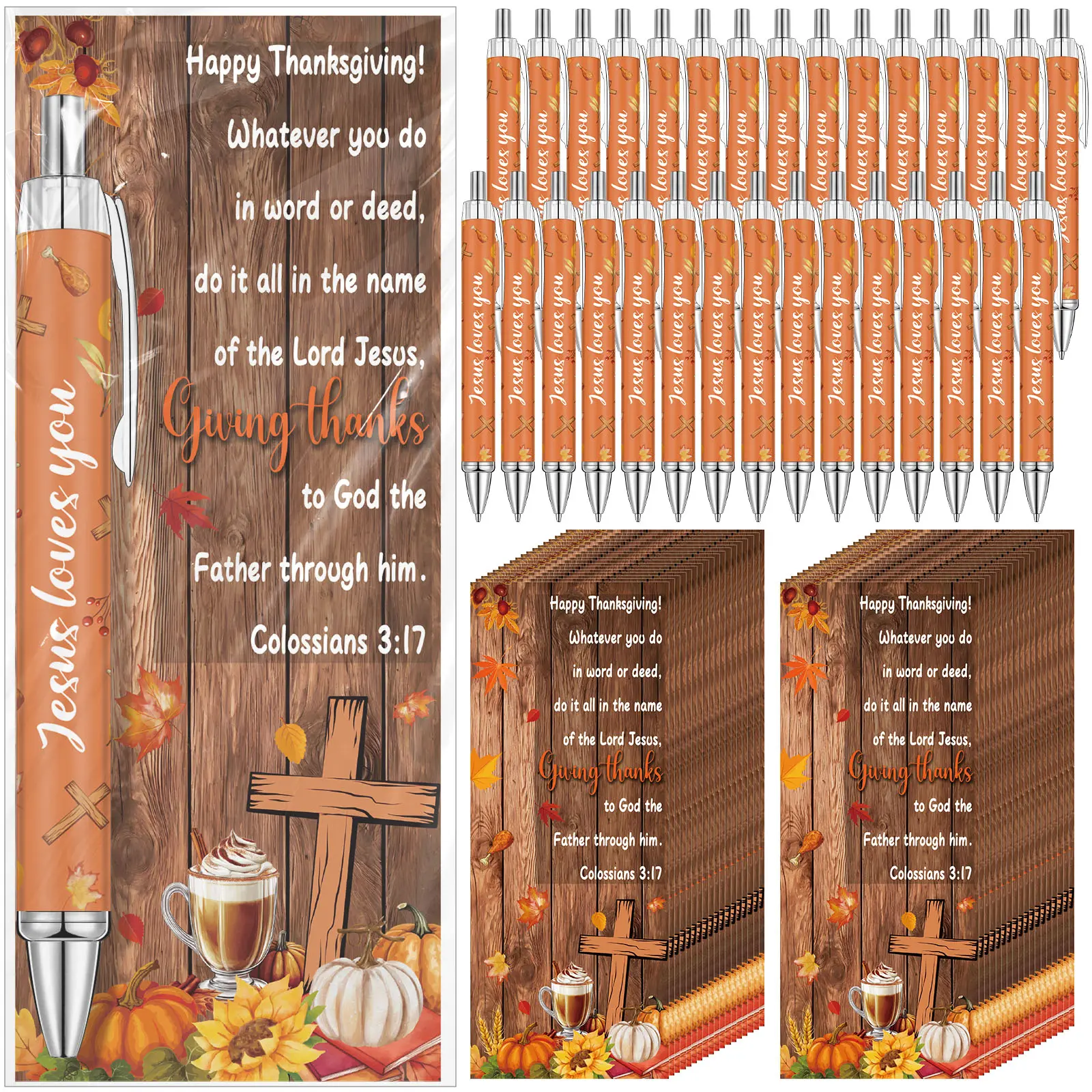 50Sets Jesus Loves You Pen with Happy Thanksgiving Card Fall Ballpoint Pen with Autumn Bookmarks for Church Sunday School Bible Study Appreciation Gifts for Coworker Employees Teacher School Office Supplies Fall Party Favors