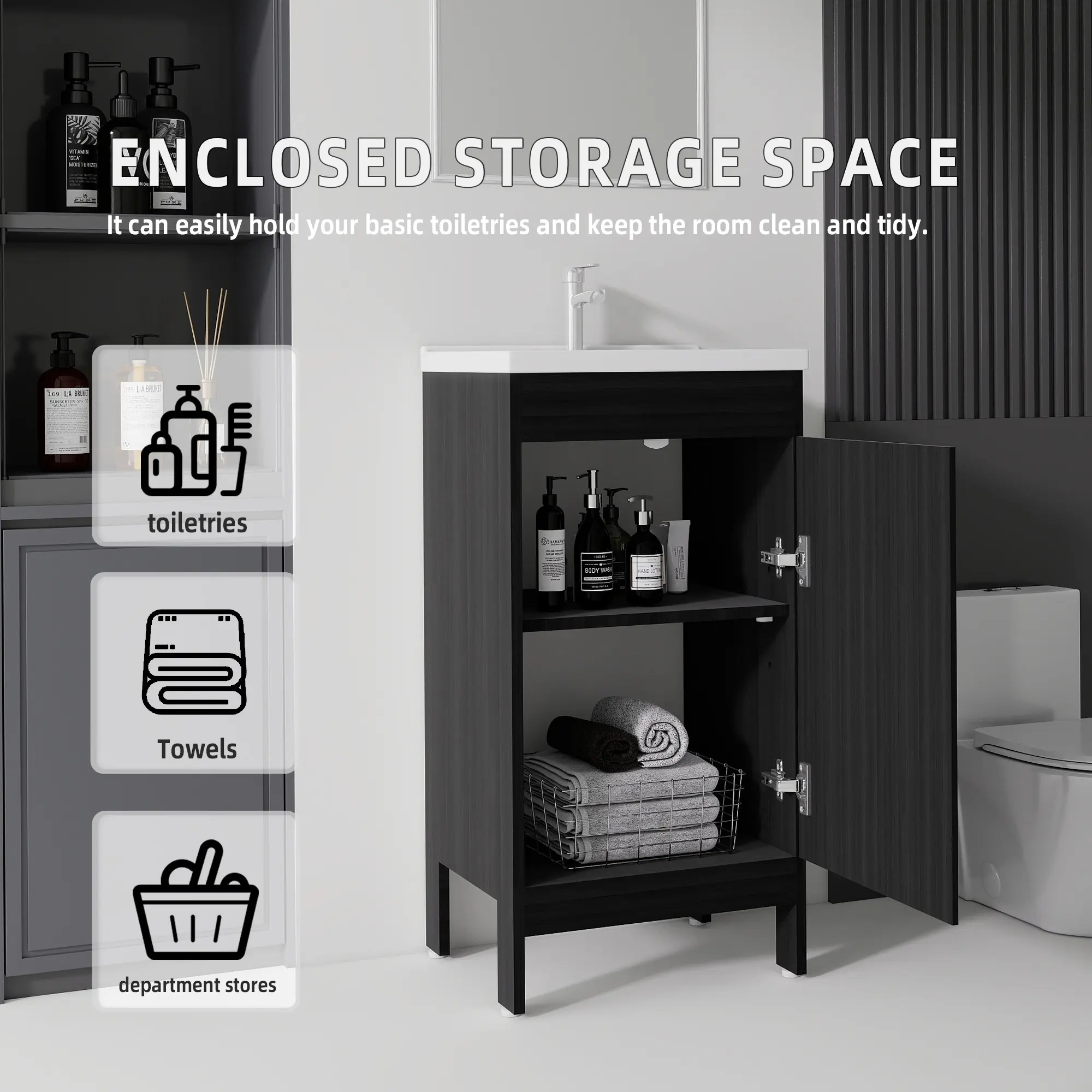 16 Inch Compact Floating Wall Mount Bathroom Vanity, Solid Moisture Resistant Eco-Friendly Plywood Cabinet, Silent Soft Close Single Storage Door, Integrated Anti-Splash Ceramic Sink, Flat Pack Assembly Required, Basin, Practical, Panels