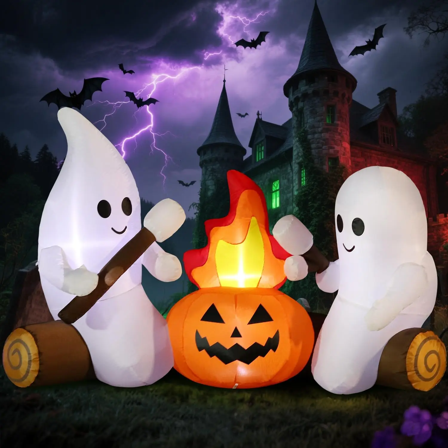 6ft Polyester Halloween Inflatable Campfire Ghosts - Spooky Festive Decor, Roasting Marshmallows Design, Built-in LEDs, Blow Up Ornament for Porch, Lawn, Holiday Gift