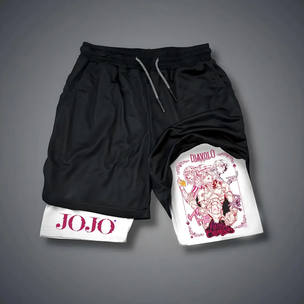 JOJO 80s 90s Double-Layer Sports Shorts Graphic Shorts Black Camo Streetwear Shorts Men Outfits Men Vacation Outfits Shorts
