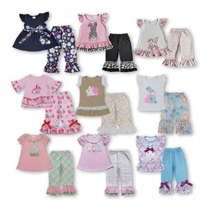 Cocokids Girls Bunny Embroidery Easter Outfit | Spring Pants Set & Cute Holiday Clothes