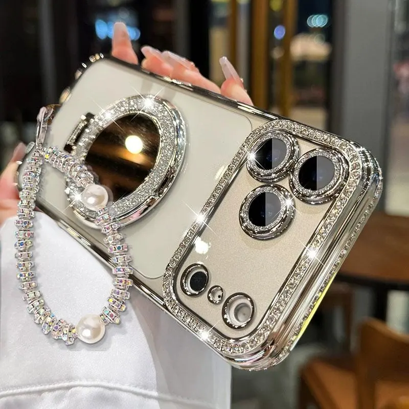Women's Smartphone Case Accessories for iPhone Series - Framed, HD Transparent Shell, Integrated Stand, Mirror, Shiny Frame, Shockproof Full-Body Drop-Protection Cover (Multi-Model Compatible)