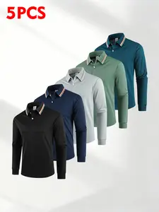 5-Pack Men’s spring/autumn long-sleeve polo shirt with contrast striped trim at the collar and hem, single-button placket, breathable fabric, and ribbed cuffs; suitable for everyday wear, commuting, business casual, and light athletic activities.