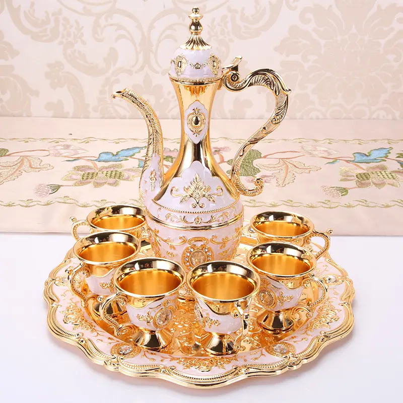 Vintage Gold Turkish Tea & Coffee Serving Set – Anti-Break Lid Pot, 6 Mini Cups, Elegant Home Decor, Perfect Birthday & Housewarming Gift