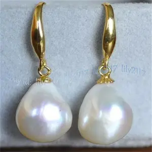 10-12mm Natural White Freshwater Baroque Pearl Dangle Earrings 14K GP Hook
