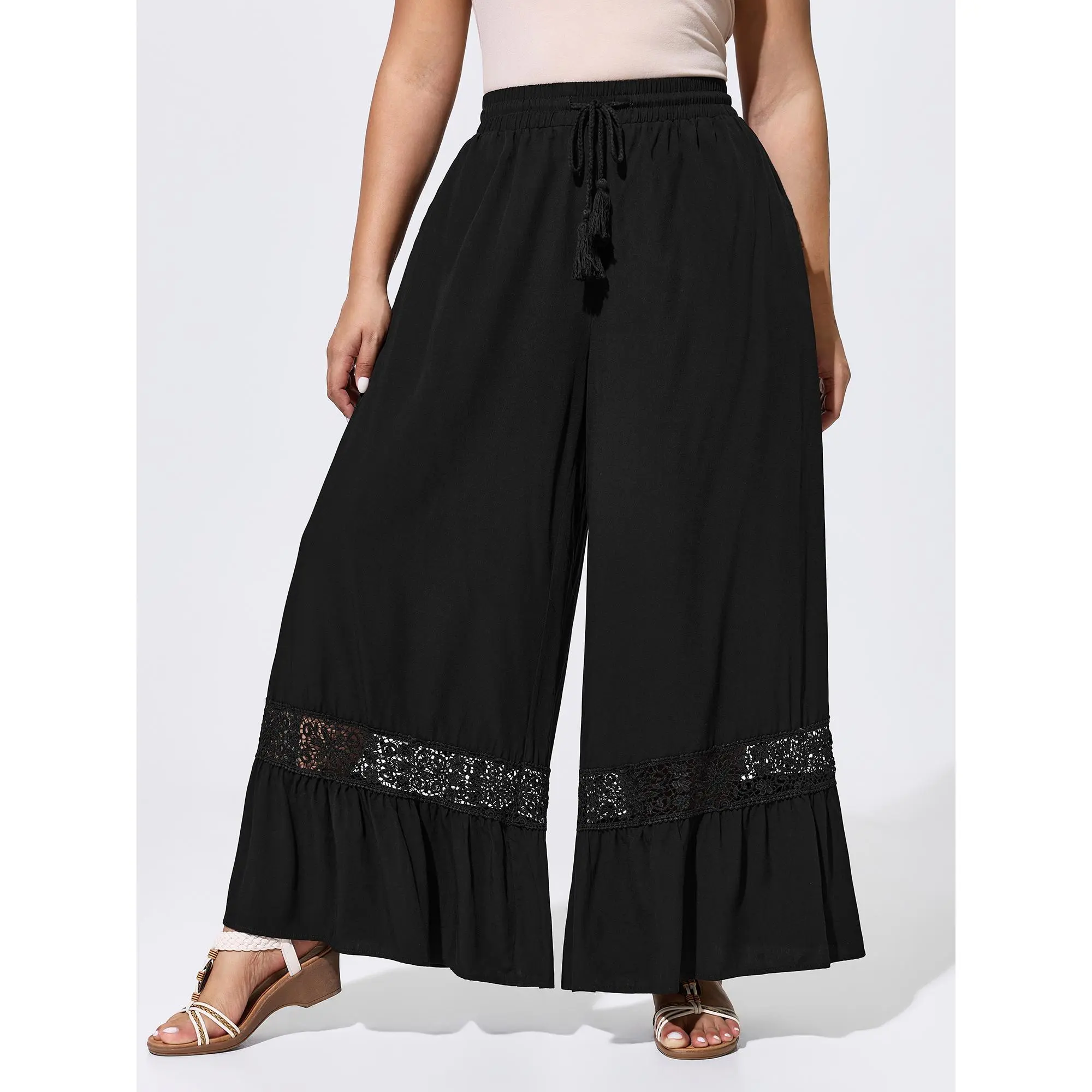 BloomChic Lady's Oversize Boho Lace Ruffled Hem Wide-Leg Pants - Mid-rise Baggy Bottoms, Smooth Rayon Garment with Belt and Pockets for Summer, Loose, Fabric, Basic, Trouser, Oversized,clothes for back to school,first day of school outfits