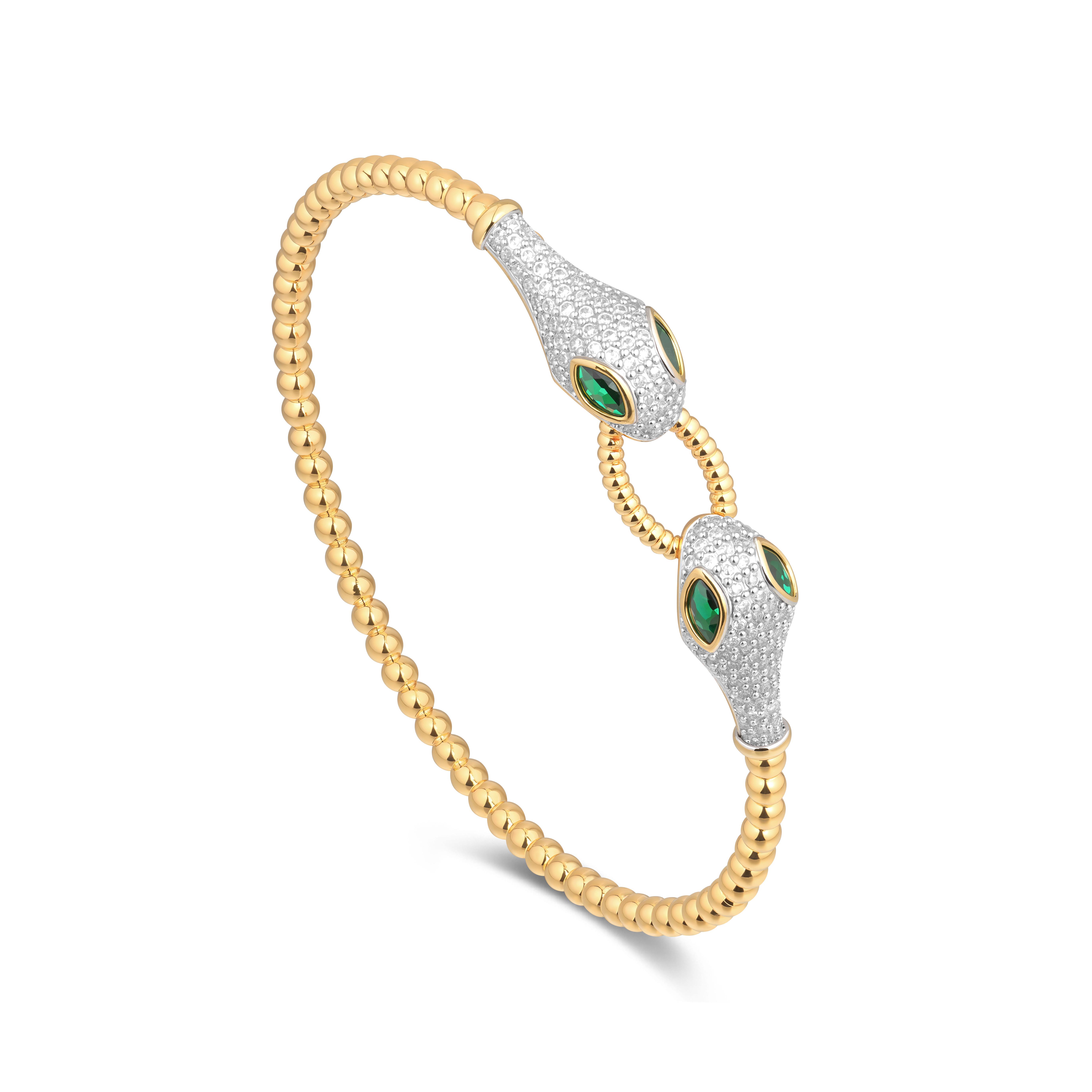 Aprilery Adjustable Snake Design Beaded Bracelet with Green Zircon and Two-Tone Gold and Silver Finish