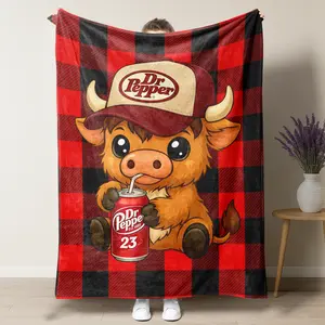 Cute Highland Cow Wearing Hat Dr Pepper Flannel Blanket Red Black Checkered 1 Count Soft Warming Bedding Comfy Lightweight Throw Cartoon Style
