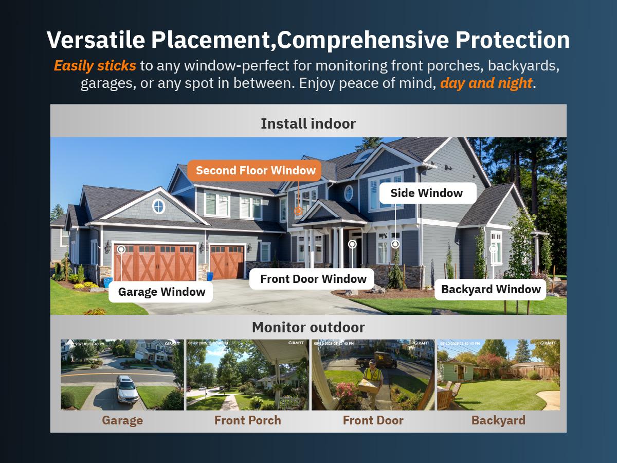 Girafit 2K Second Floor Window Camera, ChroMax AI Color Night Vision, 2.4GHz & 5GHz Wi-Fi Indoor Security Cameras, Person & Motion Detection, 24/7 Recording, Easy & Quick Install, MicroSD Card Local Monitoring