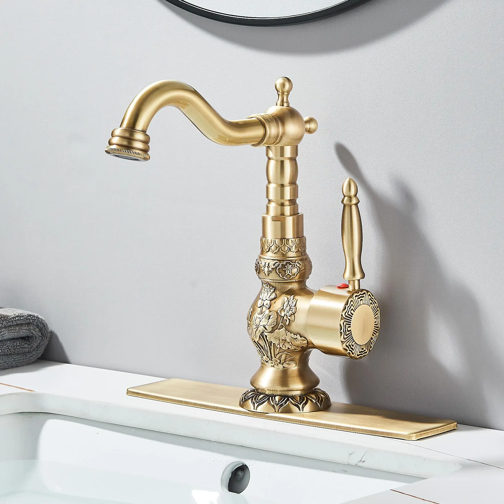 Vintage Solid Brass High Arc Basin Mixer Tap - Antique-Style Single-Handle Hot/Cold 360-Swivel Faucet with Carved Detailing, Pop-Up Overflow Protection Drain Complete Kit for Bathroom