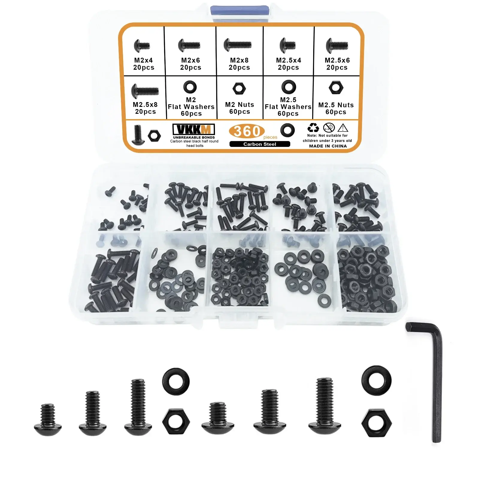 360Pcs M2 M2.5 Button Head Hex Socket Machine Screws Assortment Kit, Grade Alloy Steel Black Oxide Small Hex Bolts with Matching Hex Nuts Flat Washers & Allen Wrench for 3D Printer, RC Model, Bike, Electronics Repair