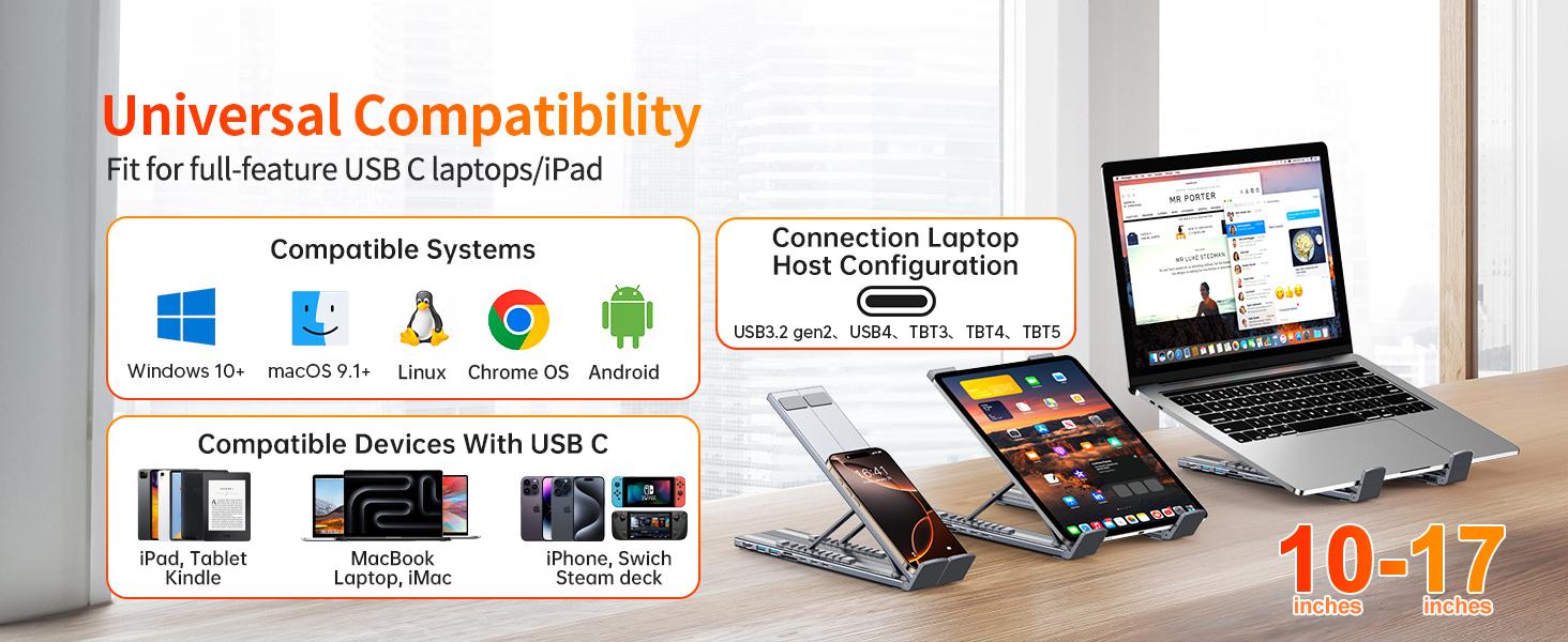 Mukiya USB C Laptop Stand with Docking Station, 8 in 1 USB C Hub with 4K HDMI, 3xUSB C, 2xUSB A, 1xSD, 1xTF Port for MacBook/Dell/HP/Surface/Lenovo Springtok
