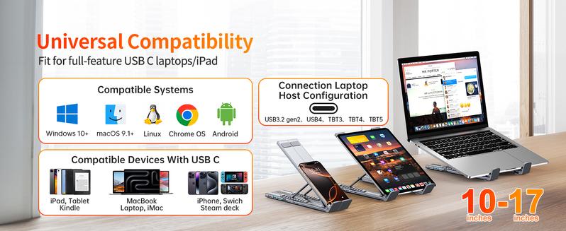 Mukiya USB C Laptop Stand with Docking Station, 7 in 1 USB C Hub with 4K HDMI, 3xUSB C, 2xUSB A, 1xSD, 1xTF Port for MacBook/Dell/HP/Surface/Lenovo Springtok