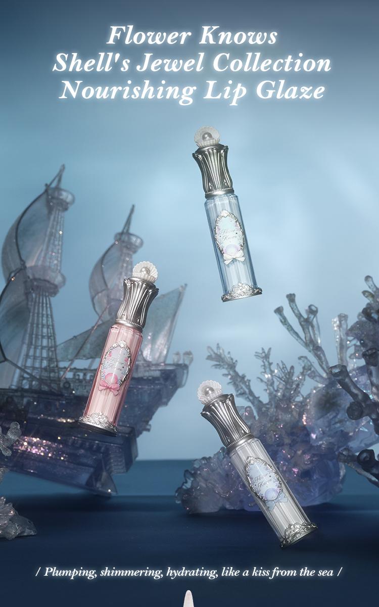 Flower Knows Shell's Jewel Collection Nourishing Lip Glaze, Hydrating & Moisturizing, Transfer-Proof, Lip Treatment, Waterproof, Long-Lasting, Lip Stain Lipgloss Lipstick Makeup Cosmetic, Summer Beauty Gift