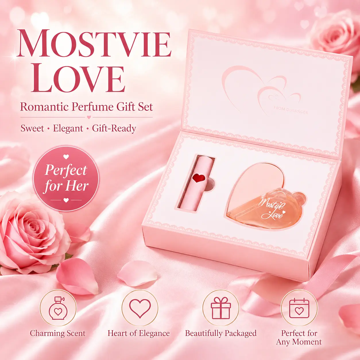 Mostvie Love Heart Perfume & Lipstick Gift Set, Romantic Pink Gift Box, Long-Lasting Fragrance Lip Makeup Kit, Perfect Valentine’s Day or Birthday Surprise Gift for Women/Girlfriend