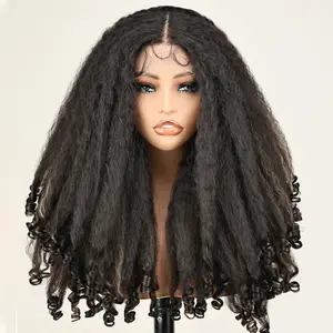 SOKU Afro Curly Lace Front Wig Synthetic Kinky Straight with Curly Ends T Part HD Transparent Swiss Lace Fluffy Bouncy Hair Wigs 20 Inch Heat Friendly Afro Wigs for Black Women