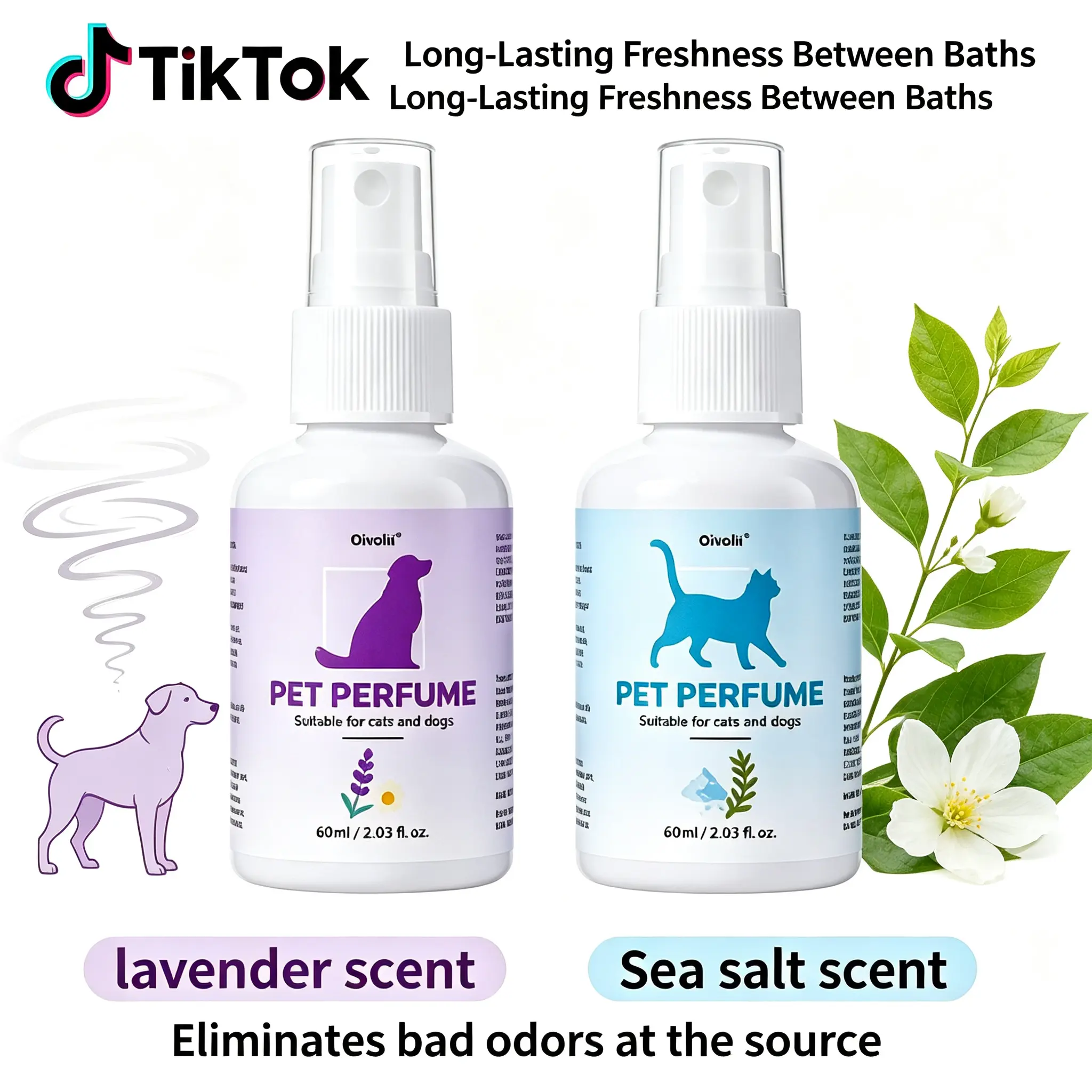 Pet Deodorizing Spray & Cologne (Lavender & Sea Salt Scent) - 2-Pack, 60ml Each, Alcohol-Free Odor Eliminator Deodorizer, Hypoallergenic No-Irritation Dog & Cat Grooming Spray, Freshens Fur Between Baths, Reduces Stress & Anxiety, Deodorizer Odor Eliminat