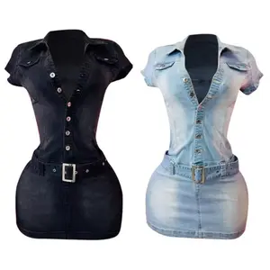 New Denim Short Sleeve Dress European and American Fashion Slim Fit Stretch Dress Casual Womenswear Summer Basic