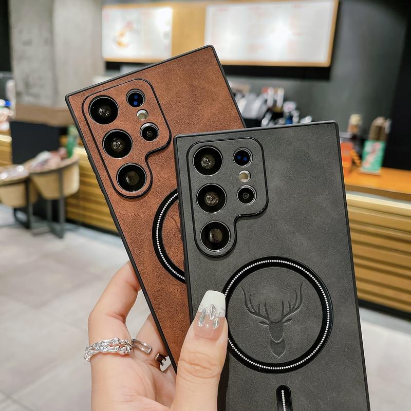 Magnetic Wireless Charging Leather Phone case for Samsung S25 Ultra S24 S23 S22 S21, Soft Shockproof case with Full Lens Protection