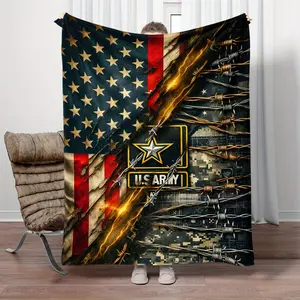 American Army Printed Flannel Blanket - Lightweight and Soft, Featuring Patriotic American Flag and Barbed Wire Design, Suitable for Sofa, Bed, Travel, and Home Decoration, Patriotic Theme Blanket Military Style Lightweight Mat