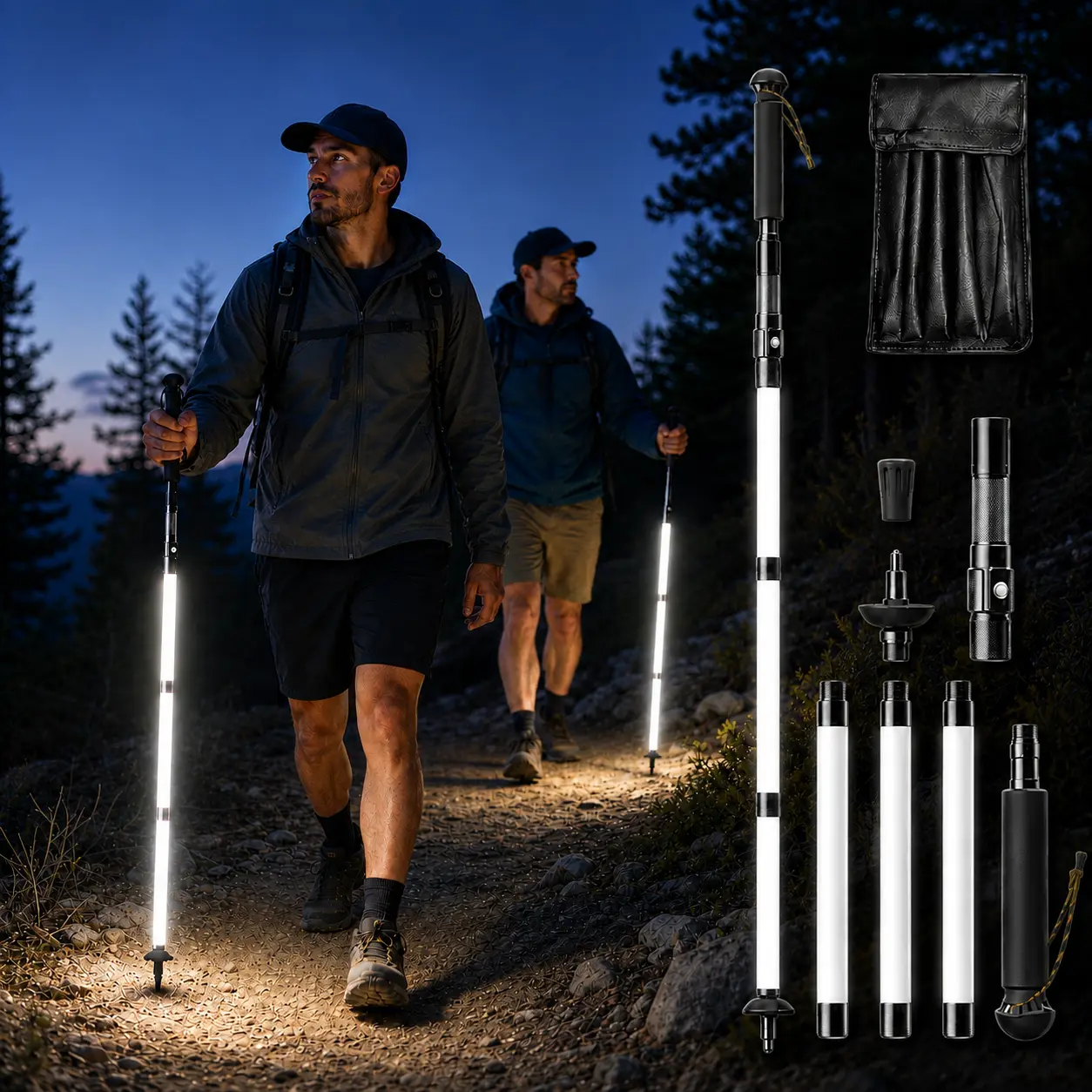 Unisex Rechargeable LED Walking Stick - Type-C Charging, Detachable Light-Up Aluminum-PC Hiking Pole for Night Hikes, Outdoor Safety, Ideal Gift for Hikers