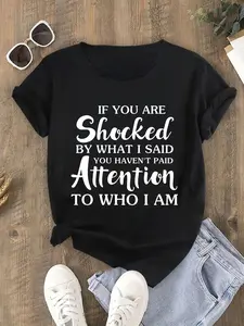 Women's Funny Text Pattern T-Shirt - "If You're Shocked By What I Said" Print, Crewneck Short-Sleeve Cotton, Machine Washable 4-Season Fit, Humorous Design & Stylish